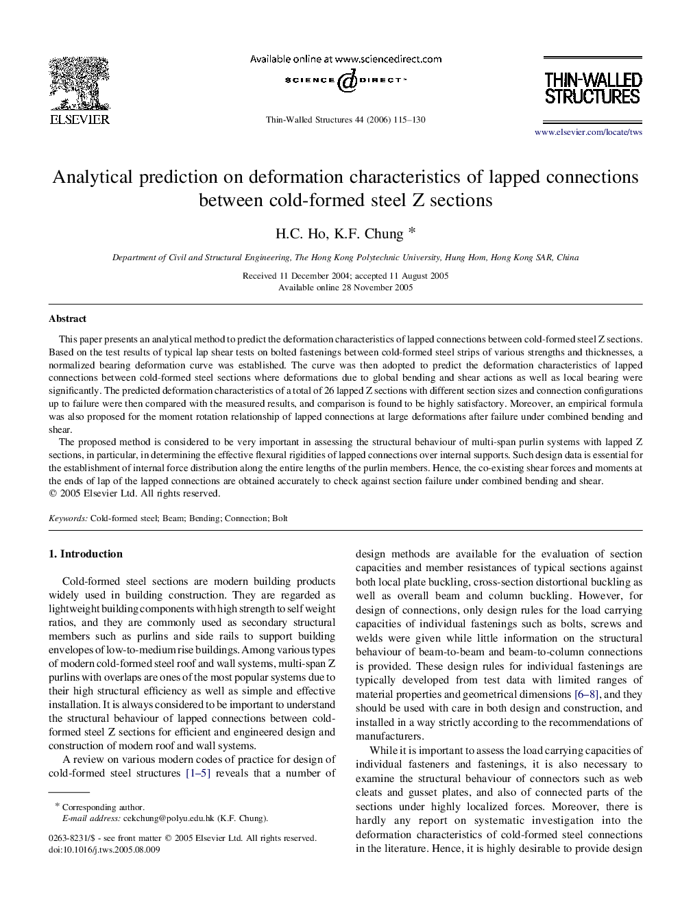 Analytical prediction on deformation characteristics of lapped connections between cold-formed steel Z sections