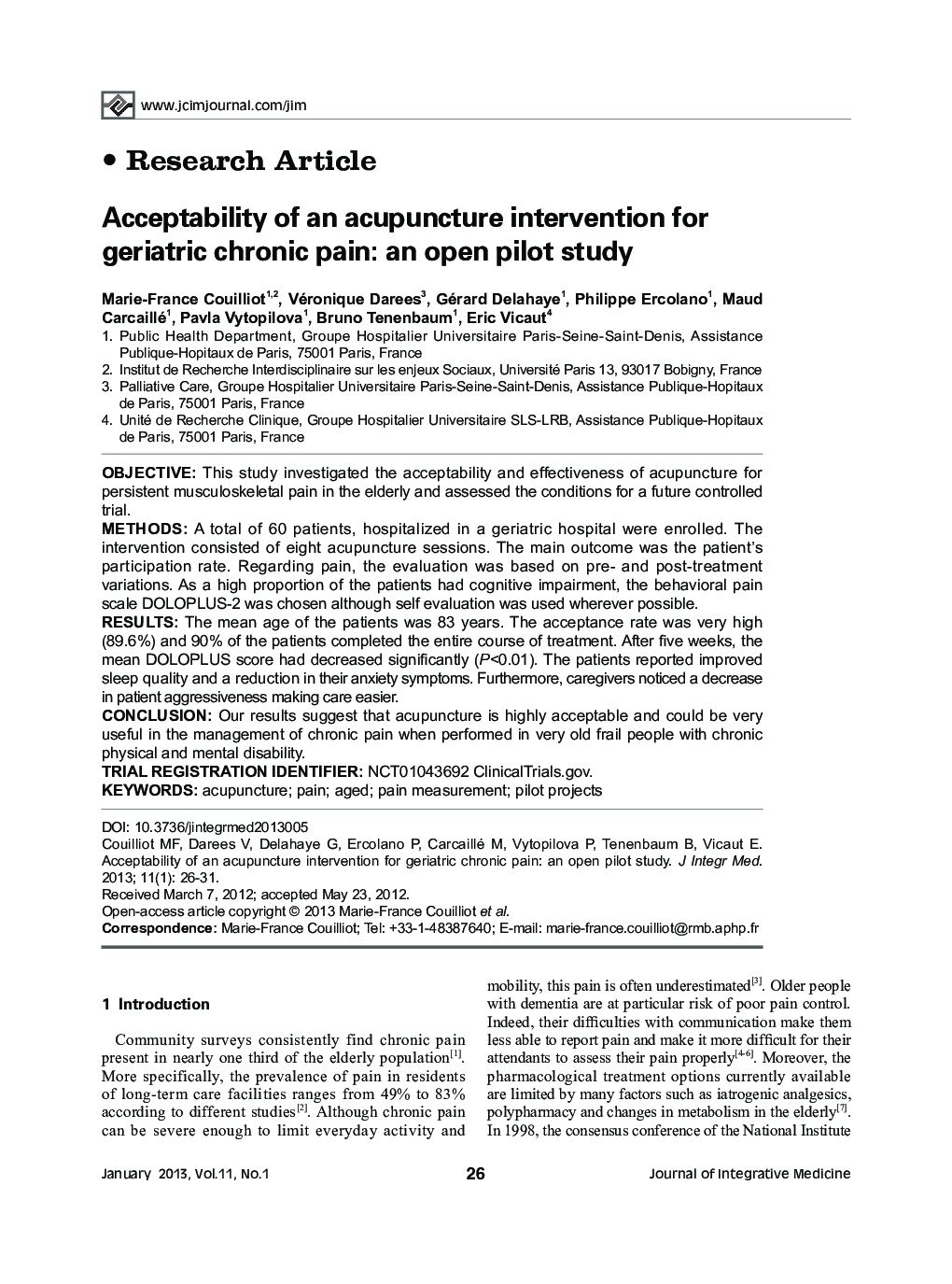 Acceptability of an acupuncture intervention for geriatric chronic pain: an open pilot study