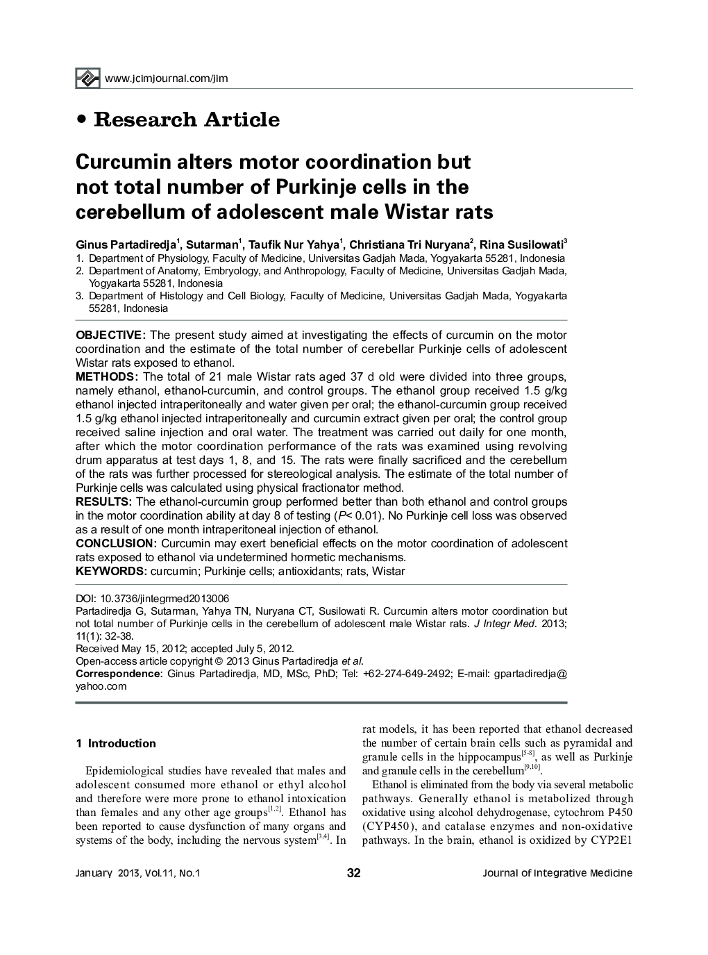 Curcumin alters motor coordination but not total number of Purkinje cells in the cerebellum of adolescent male Wistar rats