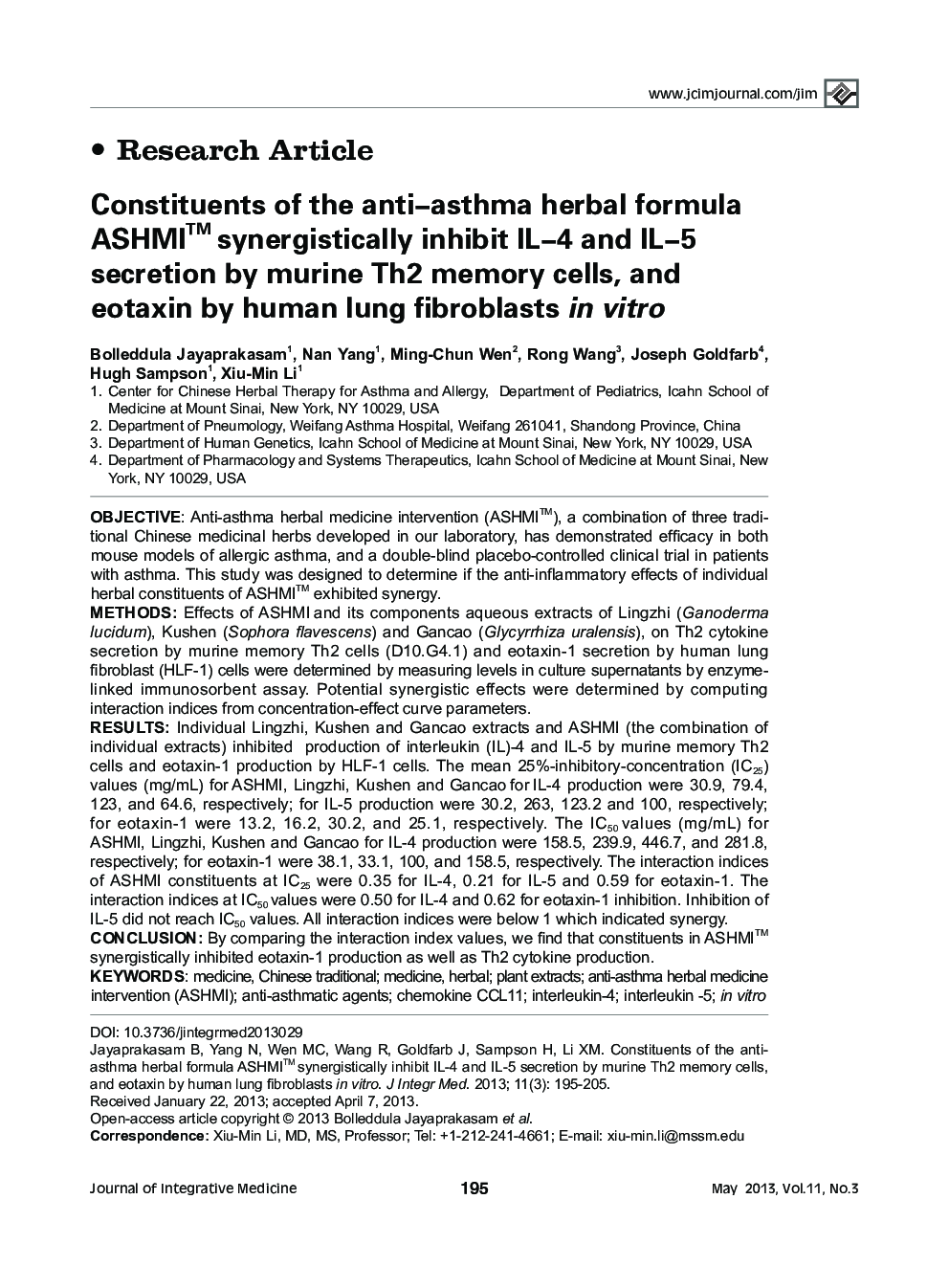 Constituents of the anti-asthma herbal formula ASHMIâ¢ synergistically inhibit IL-4 and IL-5 secretion by murine Th2 memory cells, and eotaxin by human lung fibroblasts in vitro