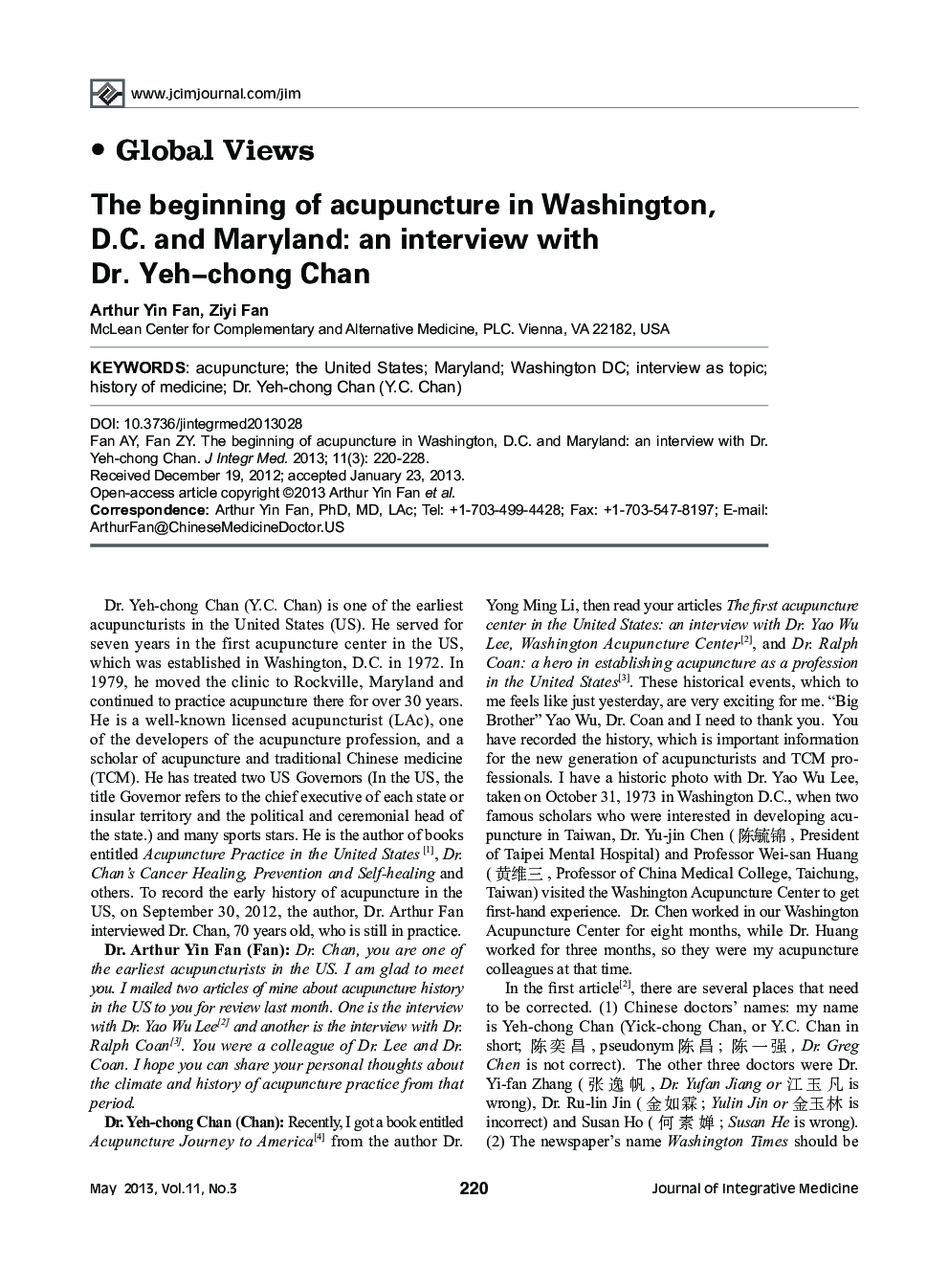 The beginning of acupuncture in Washington, D.C. and Maryland: an interview with Dr. Yeh-chong Chan