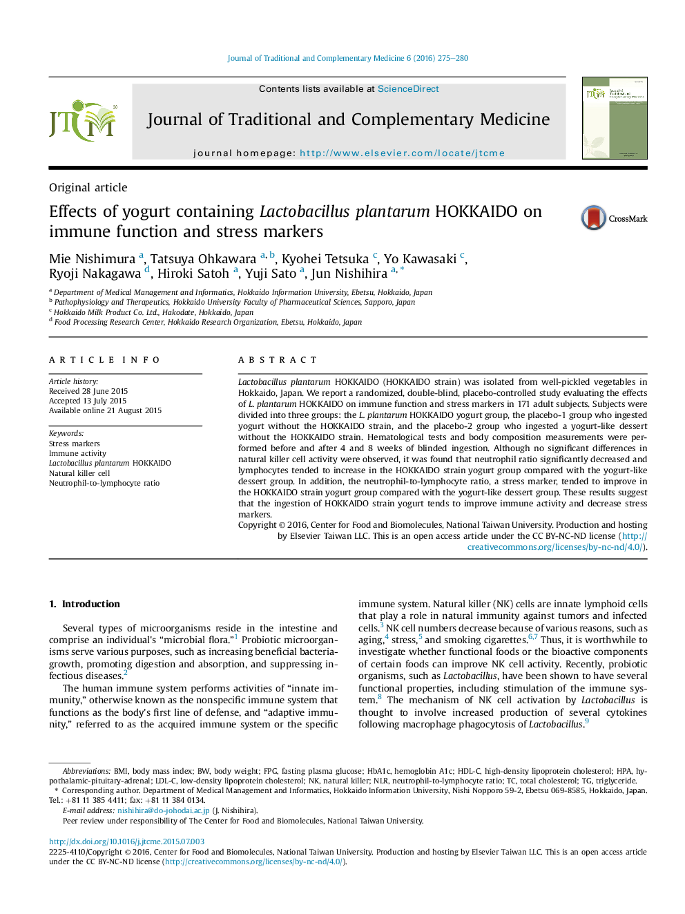 Effects of yogurt containing Lactobacillus plantarum HOKKAIDO on immune function and stress markers 