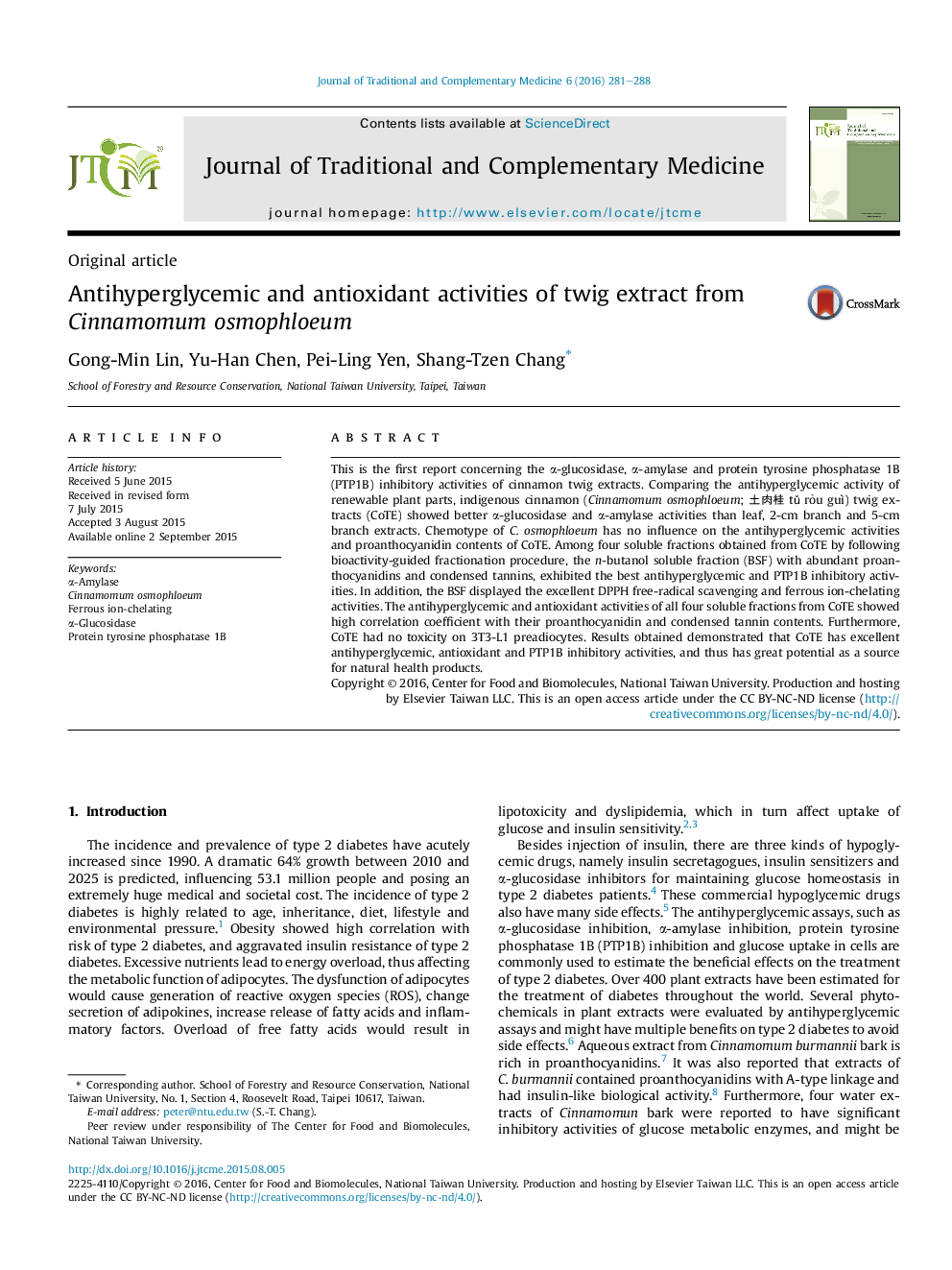 Antihyperglycemic and antioxidant activities of twig extract from Cinnamomum osmophloeum 