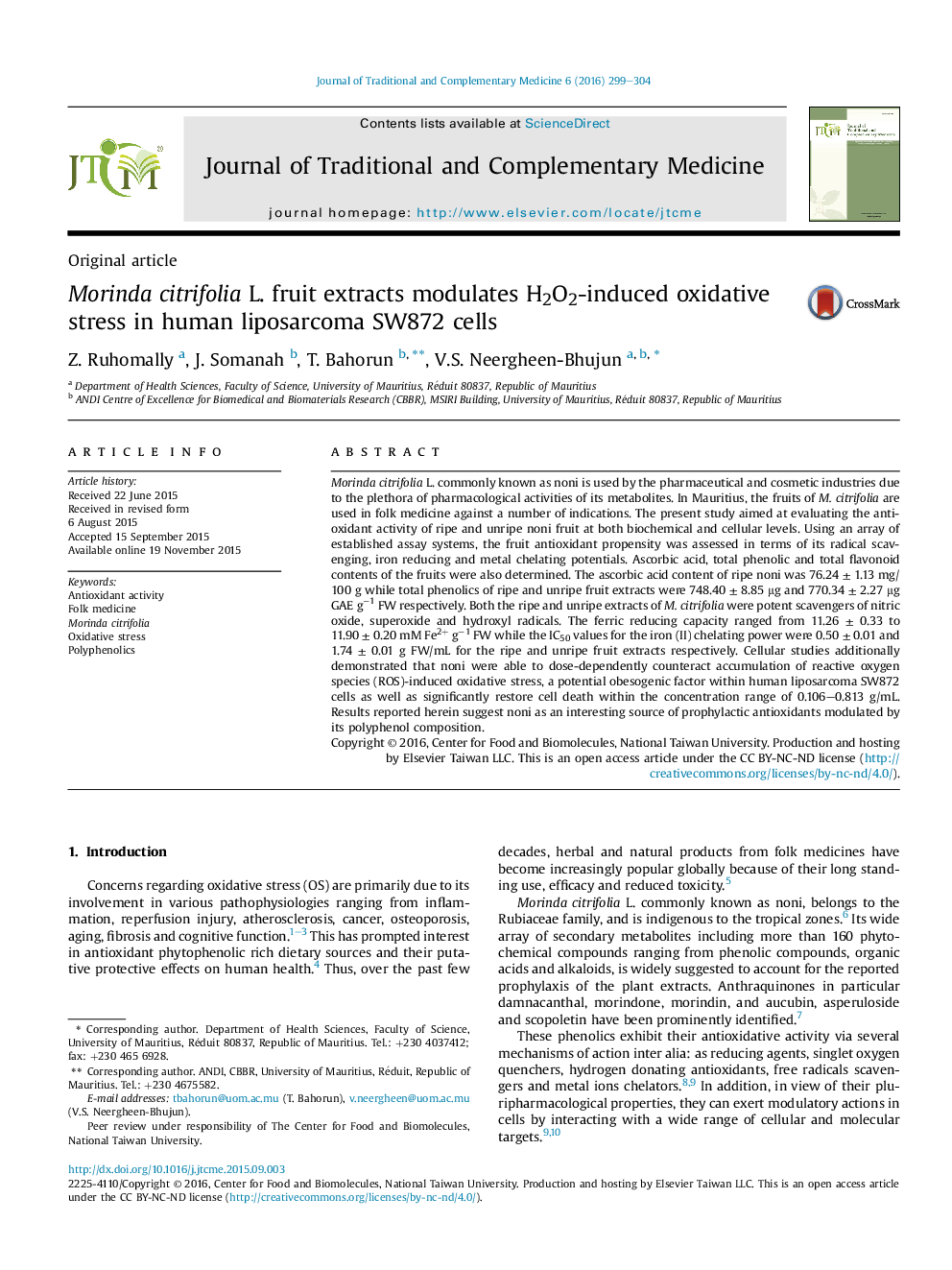 Morinda citrifolia L. fruit extracts modulates H2O2-induced oxidative stress in human liposarcoma SW872 cells 