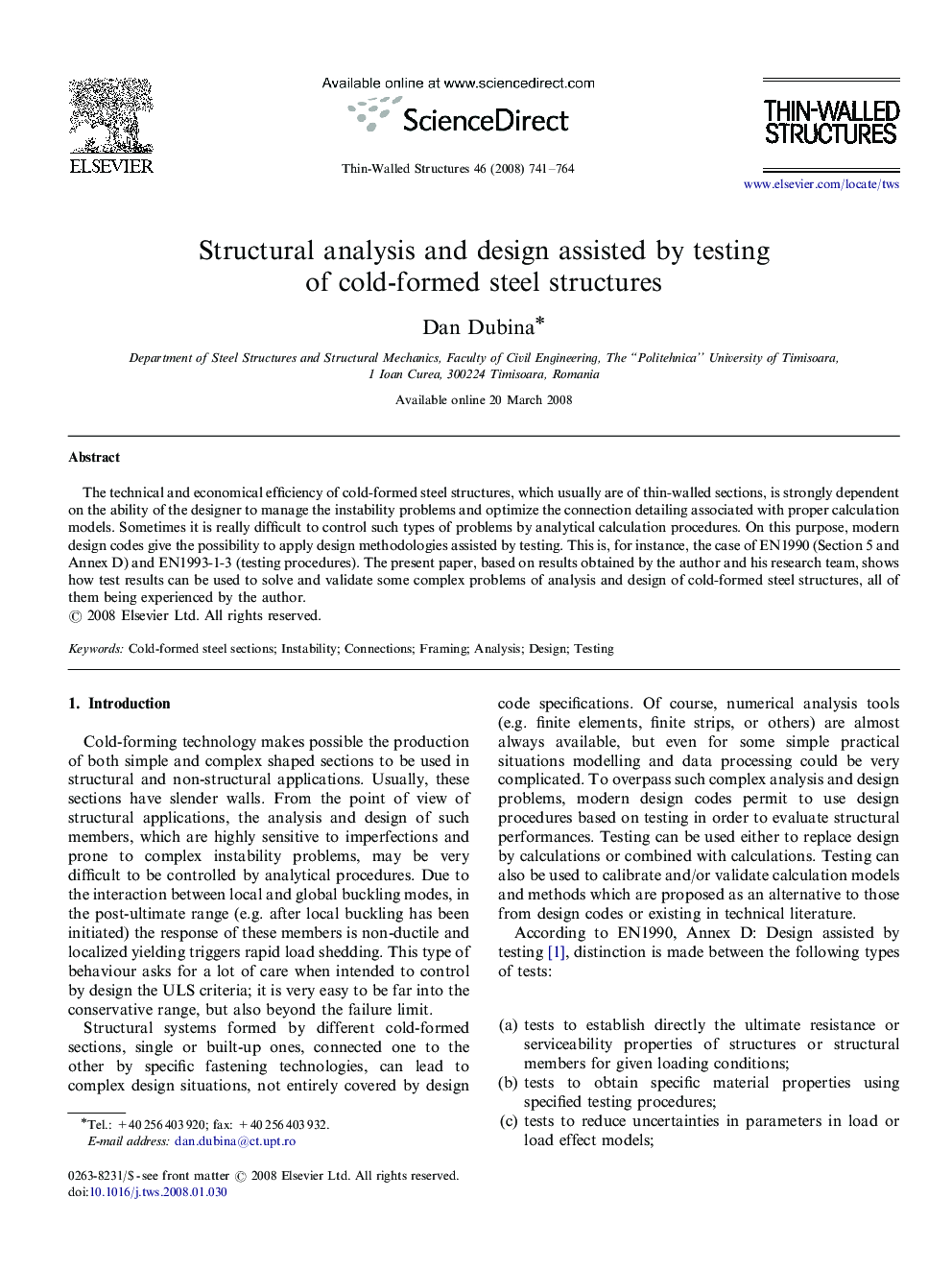 Structural analysis and design assisted by testing of cold-formed steel structures