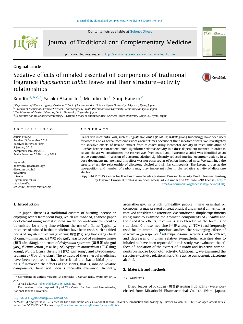 Sedative effects of inhaled essential oil components of traditional fragrance Pogostemon cablin leaves and their structure–activity relationships 