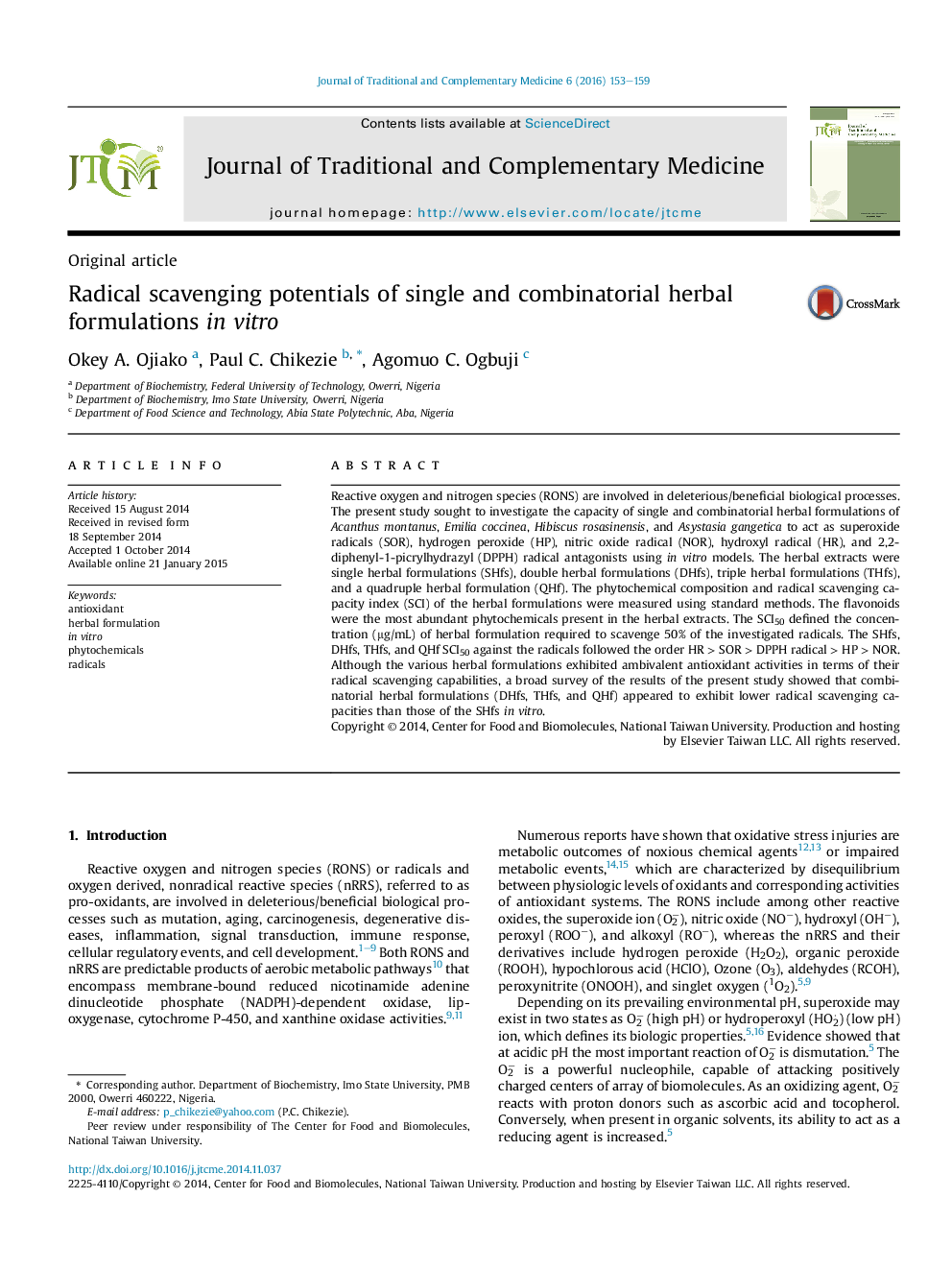 Radical scavenging potentials of single and combinatorial herbal formulations in vitro 