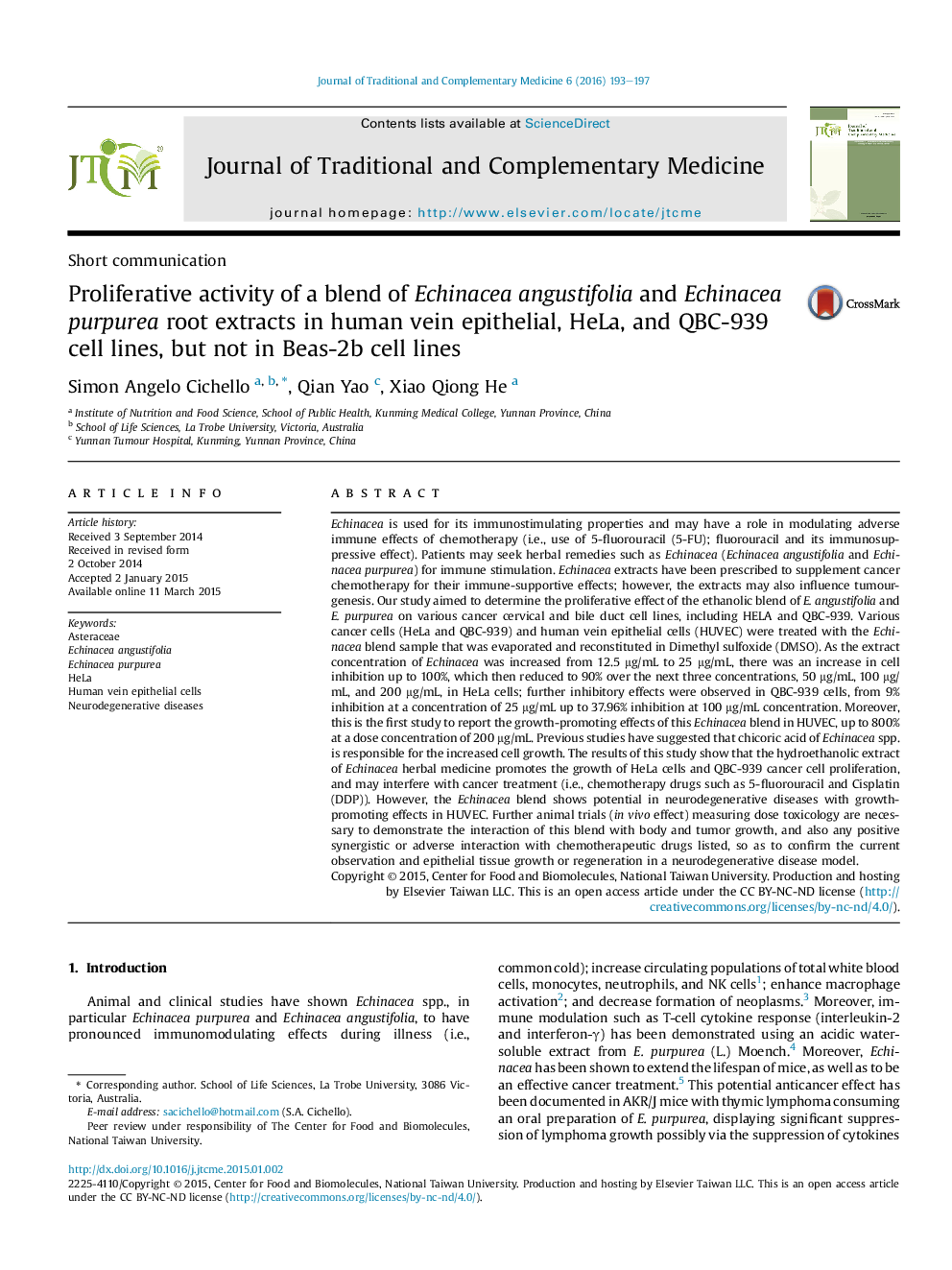 Proliferative activity of a blend of Echinacea angustifolia and Echinacea purpurea root extracts in human vein epithelial, HeLa, and QBC-939 cell lines, but not in Beas-2b cell lines 