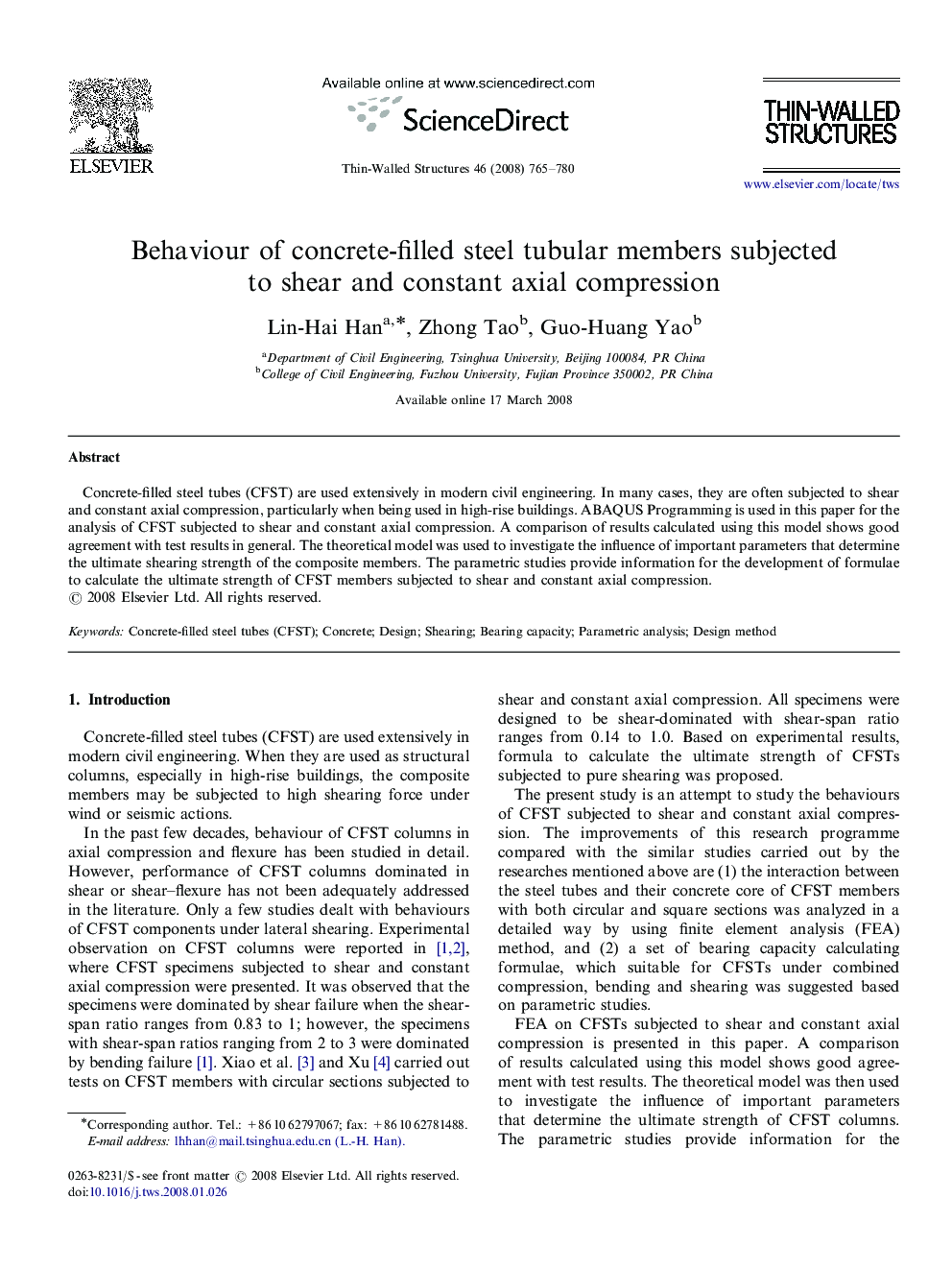 Behaviour of concrete-filled steel tubular members subjected to shear and constant axial compression