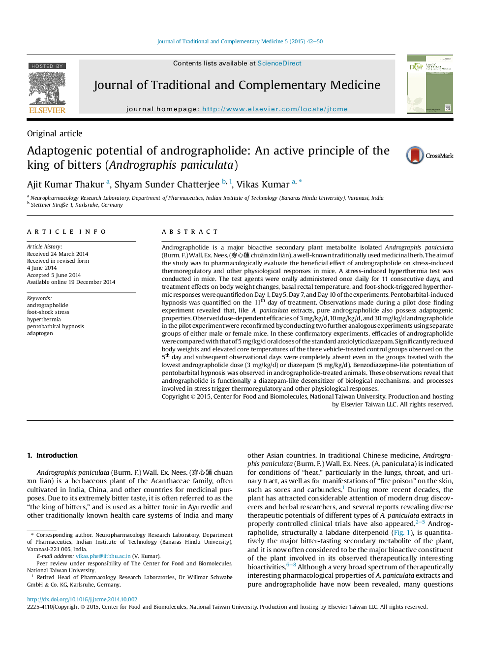 Adaptogenic potential of andrographolide: An active principle of the king of bitters (Andrographis paniculata) 