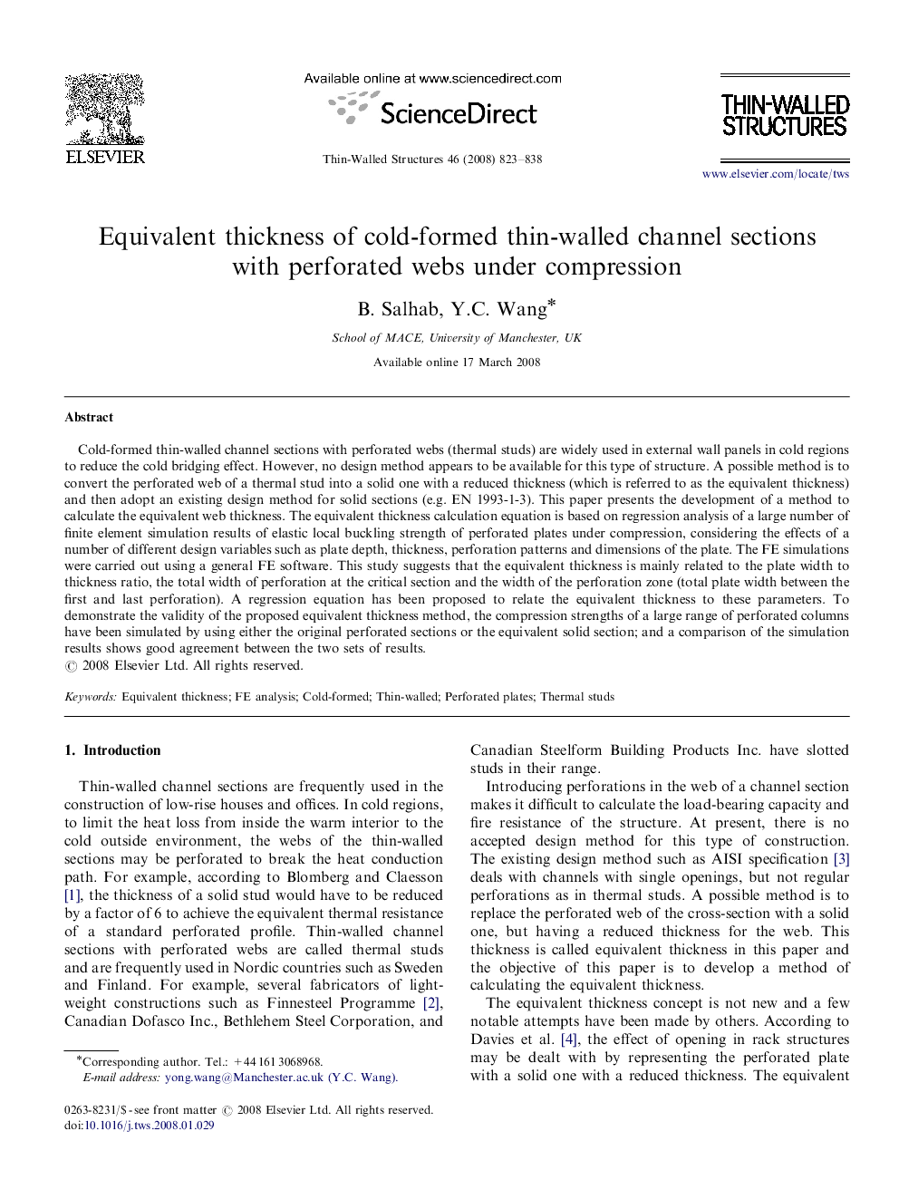 Equivalent thickness of cold-formed thin-walled channel sections with perforated webs under compression