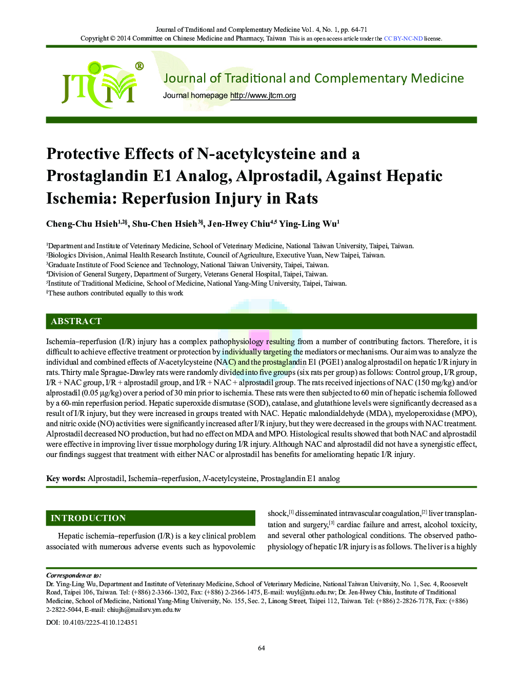 Protective Effects of N-acetylcysteine and a Prostaglandin E1 Analog, Alprostadil, Against Hepatic Ischemia: Reperfusion Injury in Rats