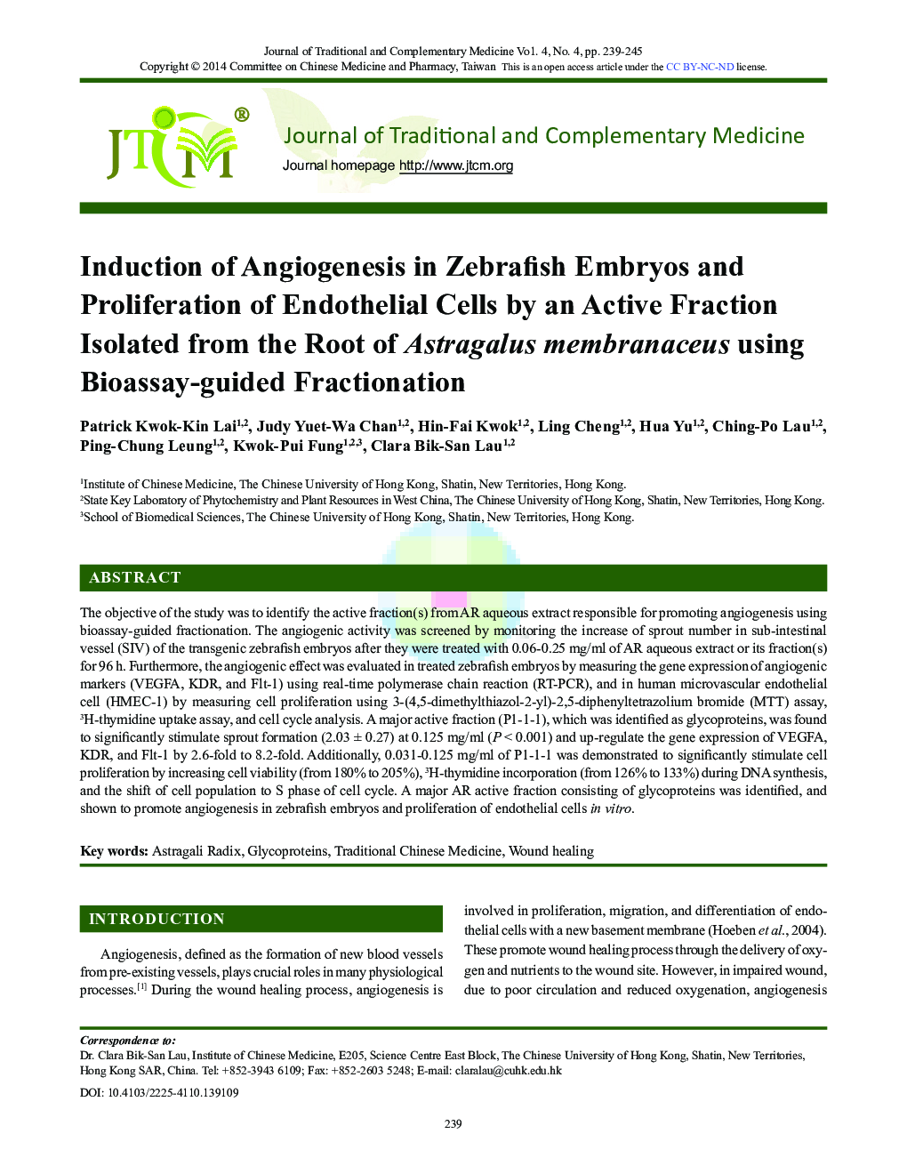 Induction of Angiogenesis in Zebrafish Embryos and Proliferation of Endothelial Cells by an Active Fraction Isolated from the Root of Astragalus membranaceus using Bioassay-guided Fractionation
