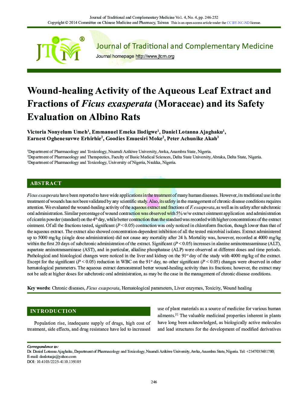 Wound-healing Activity of the Aqueous Leaf Extract and Fractions of Ficus exasperata (Moraceae) and its Safety Evaluation on Albino Rats