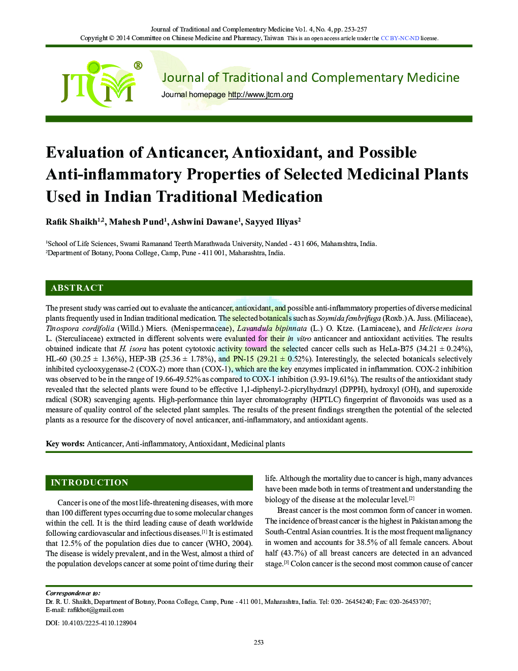 Evaluation of Anticancer, Antioxidant, and Possible Anti-inflammatory Properties of Selected Medicinal Plants Used in Indian Traditional Medication