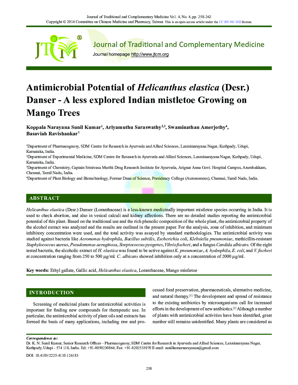Antimicrobial Potential of Helicanthus elastica (Desr.) Danser - A less explored Indian mistletoe Growing on Mango Trees