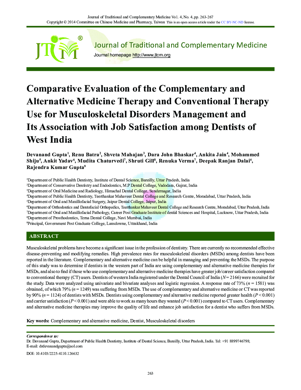 Comparative Evaluation of the Complementary and Alternative Medicine Therapy and Conventional Therapy Use for Musculoskeletal Disorders Management and Its Association with Job Satisfaction among Dentists of West India