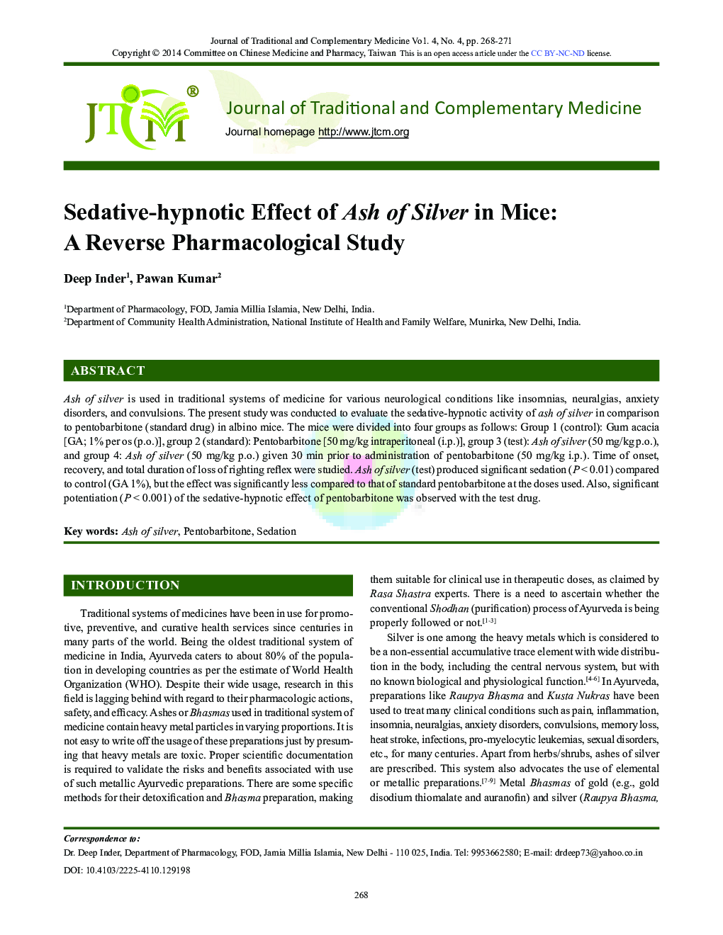 Sedative-hypnotic Effect of Ash of Silver in Mice: A Reverse Pharmacological Study