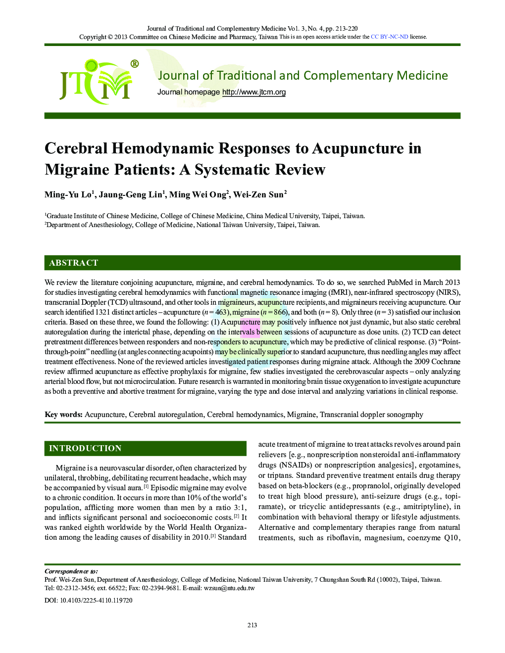 Cerebral Hemodynamic Responses to Acupuncture in Migraine Patients: A Systematic Review