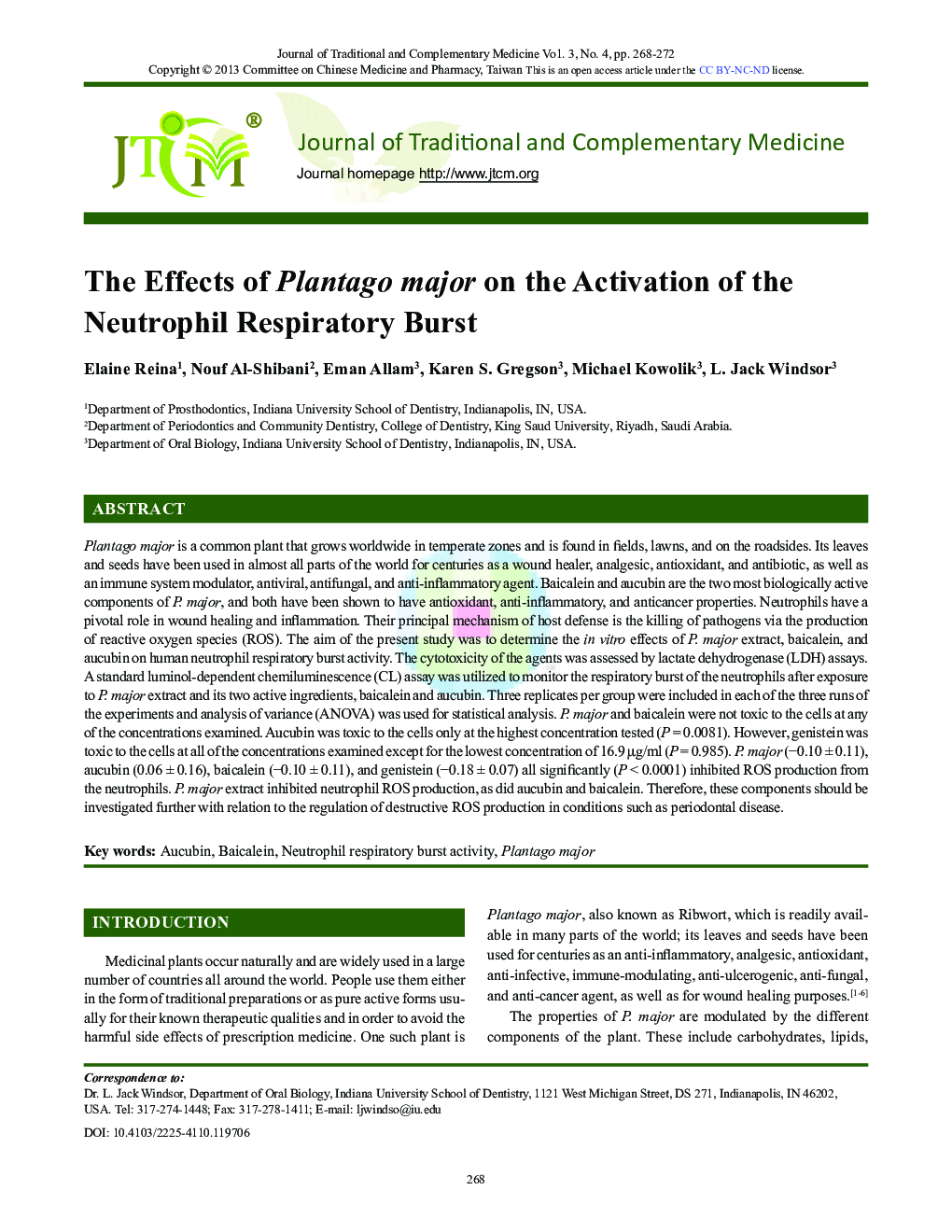 The Effects of Plantago major on the Activation of the Neutrophil Respiratory Burst
