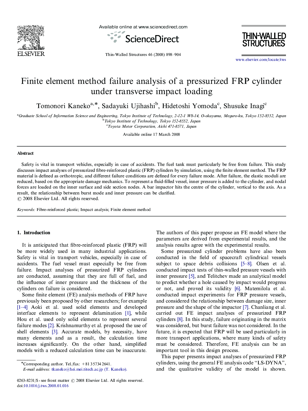 Finite element method failure analysis of a pressurized FRP cylinder under transverse impact loading