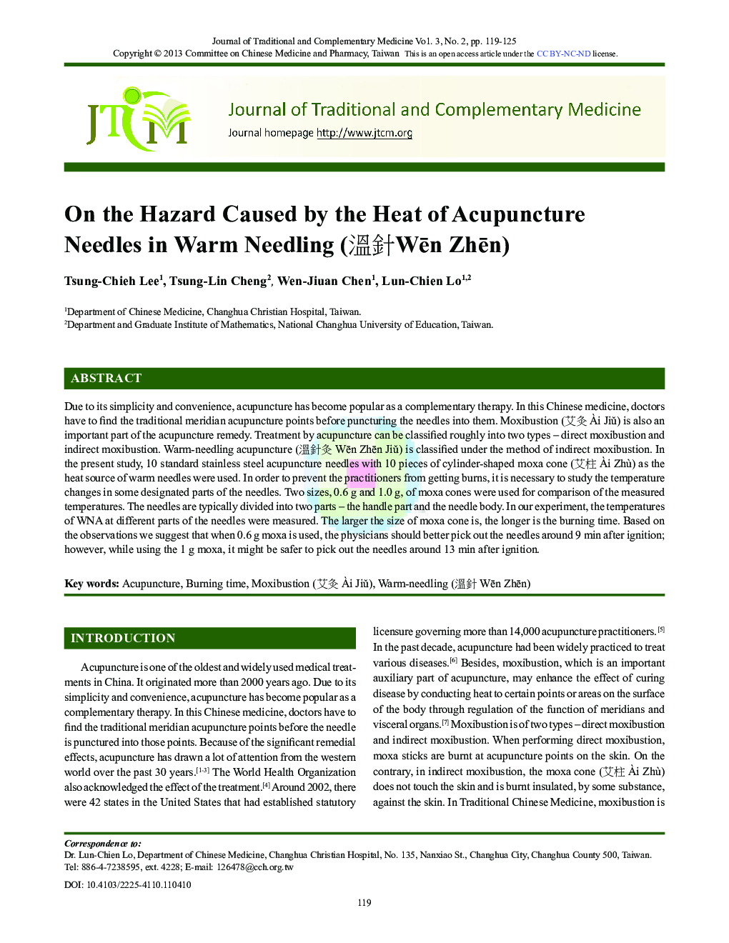 On the Hazard Caused by the Heat of Acupuncture Needles in Warm Needling (溫針Wēn Zhēn)