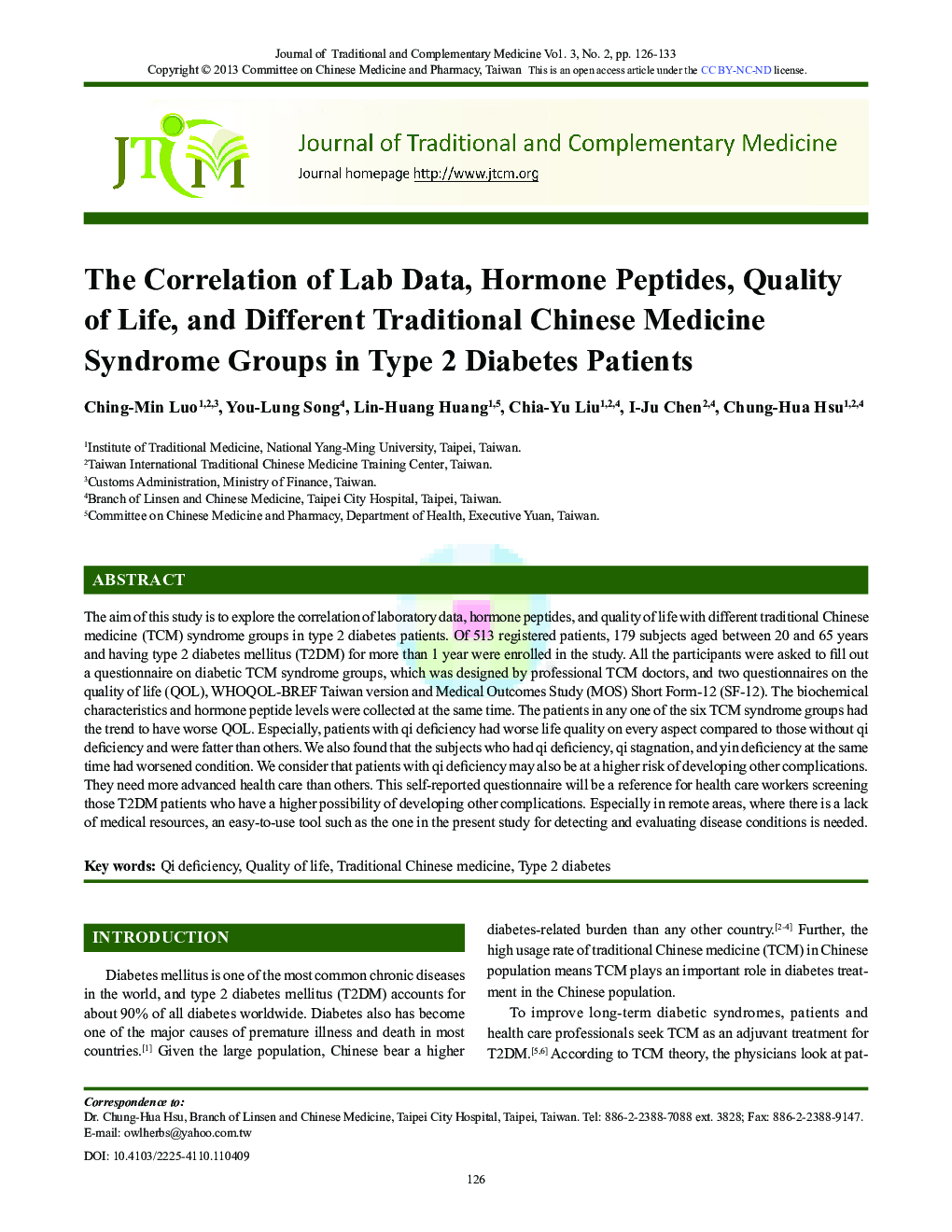 The Correlation of Lab Data, Hormone Peptides, Quality of Life, and Different Traditional Chinese Medicine Syndrome Groups in Type 2 Diabetes Patients