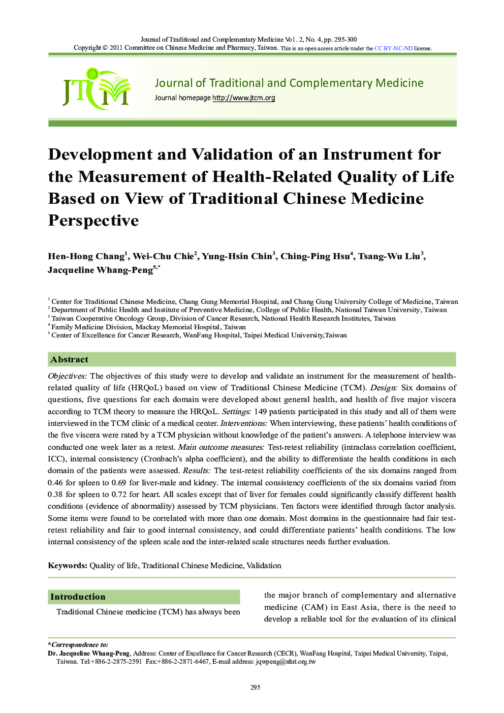 Development and Validation of an Instrument for the Measurement of Health-Related Quality of Life Based on View of Traditional Chinese Medicine Perspective
