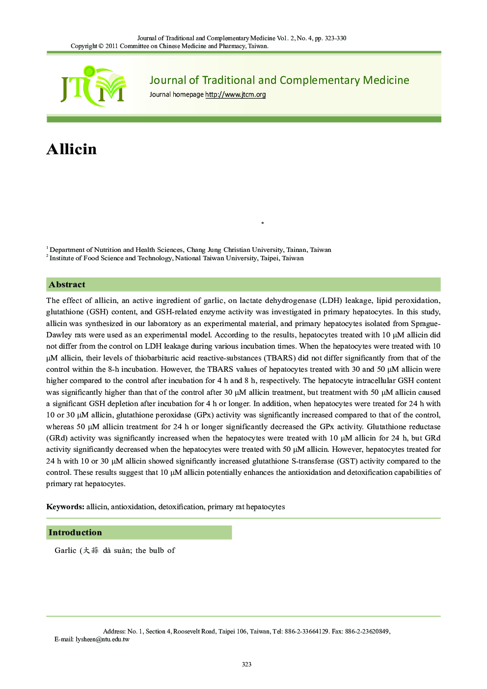 Allicin Modulates the Antioxidation and Detoxification Capabilities of Primary Rat Hepatocytes