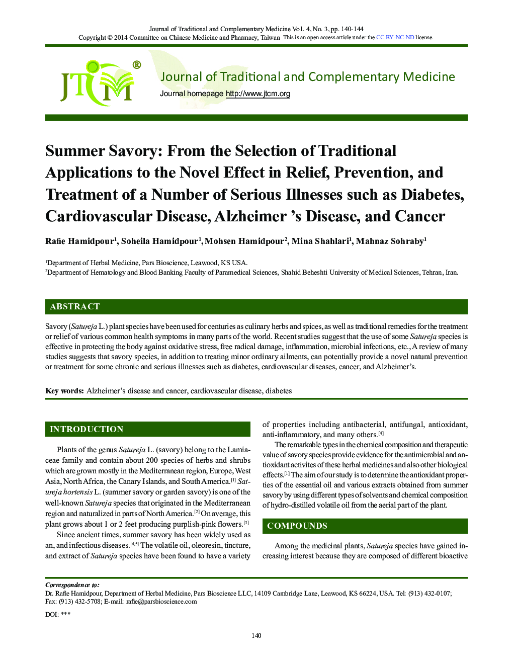 Summer Savory: From the Selection of Traditional Applications to the Novel Effect in Relief, Prevention, and Treatment of a Number of Serious Illnesses such as Diabetes, Cardiovascular Disease, Alzheimer’s Disease, and Cancer