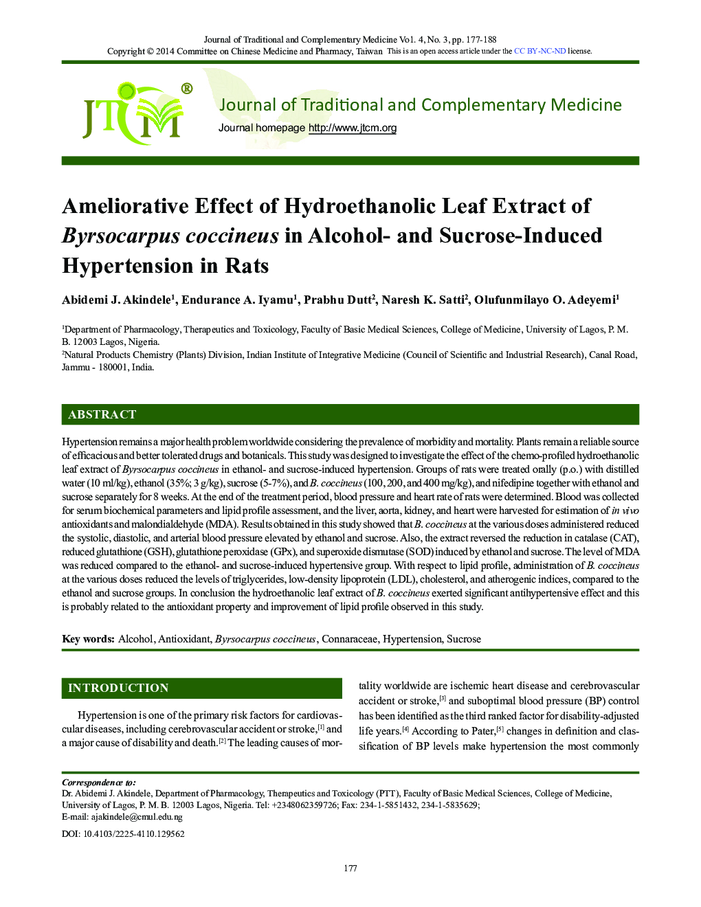 Ameliorative Effect of Hydroethanolic Leaf Extract of Byrsocarpus coccineus in Alcohol- and Sucrose-Induced Hypertension in Rats