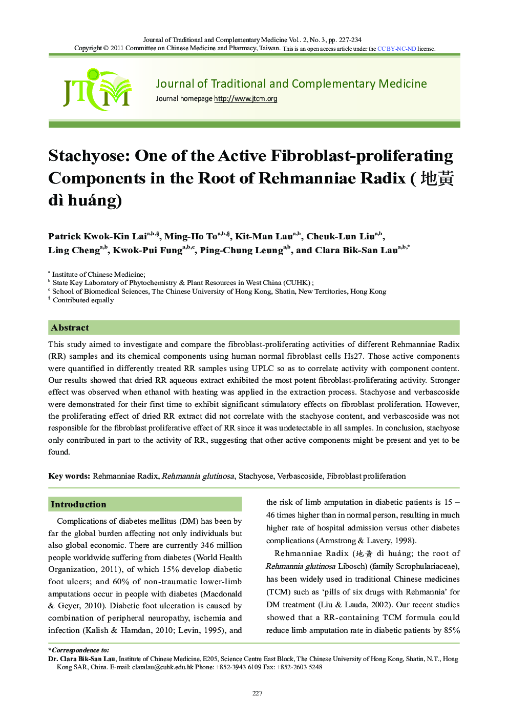 Stachyose: One of the Active Fibroblast-proliferating Components in the Root of Rehmanniae Radix (地黃 dì huáng)