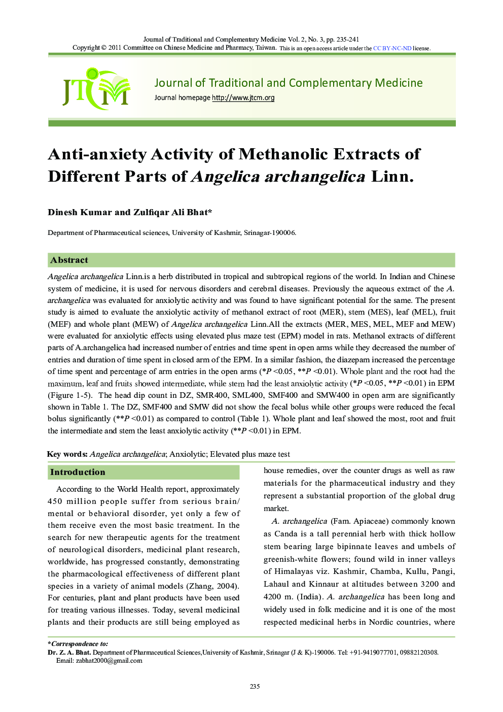 Anti-anxiety Activity of Methanolic Extracts of Different Parts of Angelica archangelica Linn.