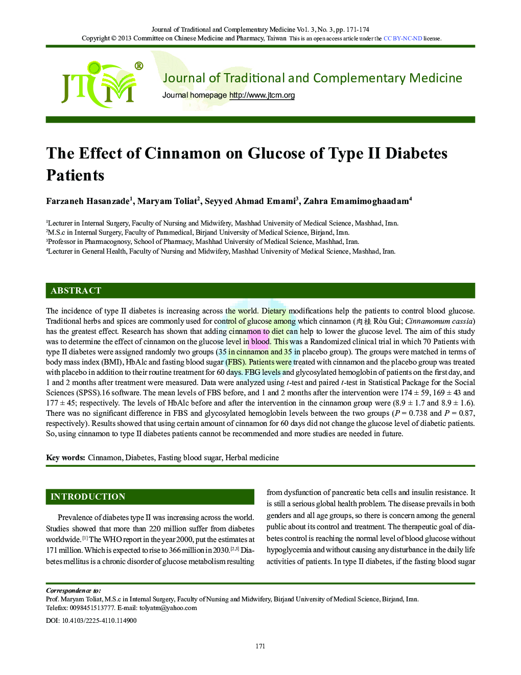 The Effect of Cinnamon on Glucose of Type II Diabetes Patients