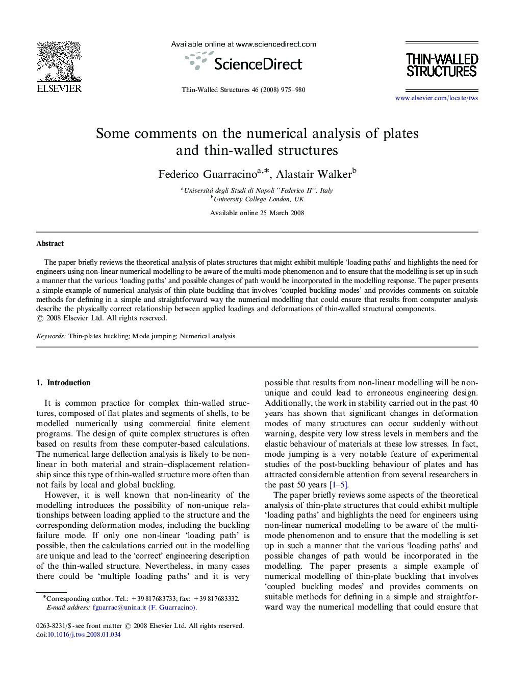 Some comments on the numerical analysis of plates and thin-walled structures