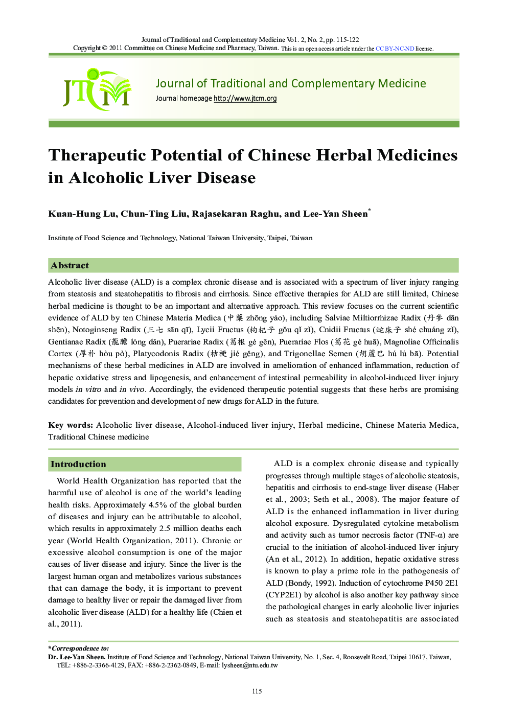 Therapeutic Potential of Chinese Herbal Medicines in Alcoholic Liver Disease