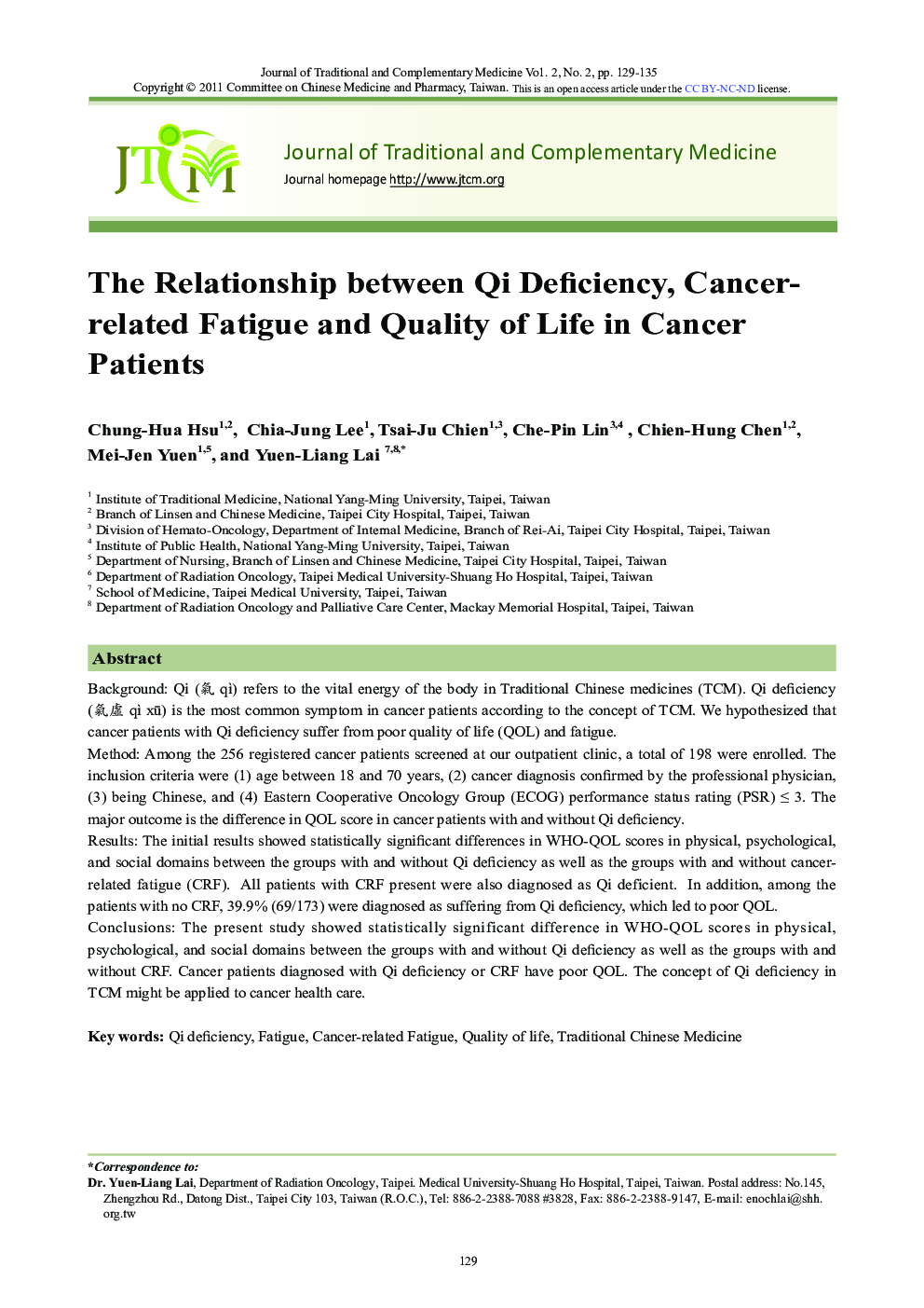 The Relationship between Qi Deficiency, Cancer-related Fatigue and Quality of Life in Cancer Patients 6