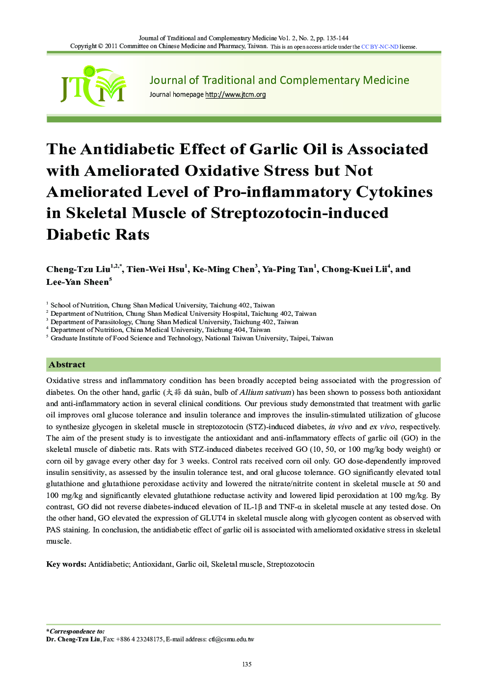 The Antidiabetic Effect of Garlic Oil is Associated with Ameliorated Oxidative Stress but Not Ameliorated Level of Pro-inflammatory Cytokines in Skeletal Muscle of Streptozotocin-induced Diabetic Rats