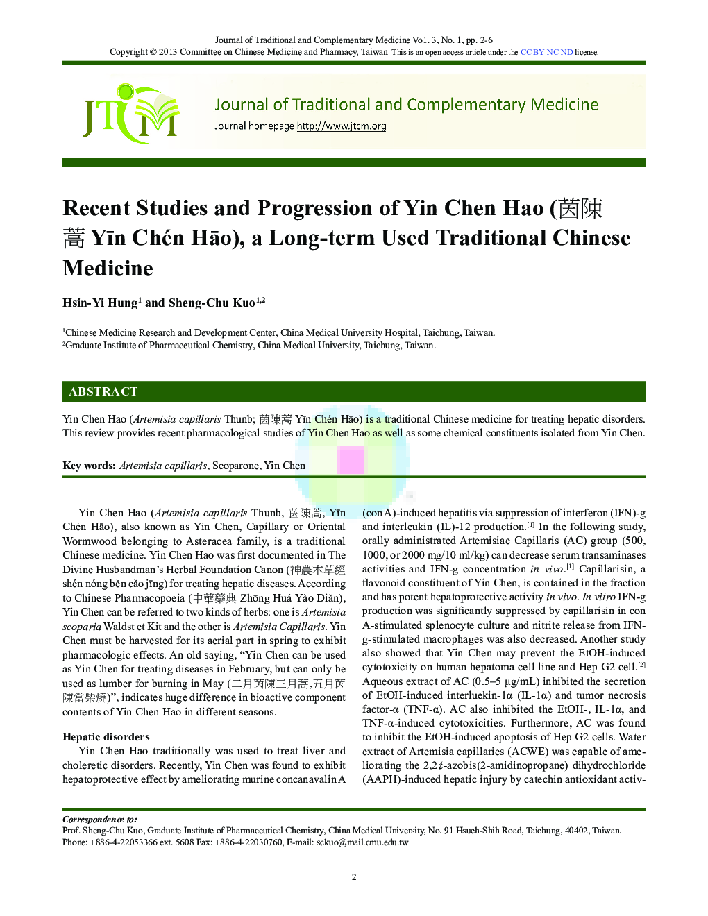 Recent Studies and Progression of Yin Chen Hao (茵陳蒿 Yīn Chén Hāo), a Long-term Used Traditional Chinese Medicine