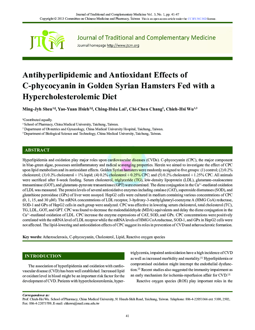 Antihyperlipidemic and Antioxidant Effects of C-phycocyanin in Golden Syrian Hamsters Fed with a Hypercholesterolemic Diet