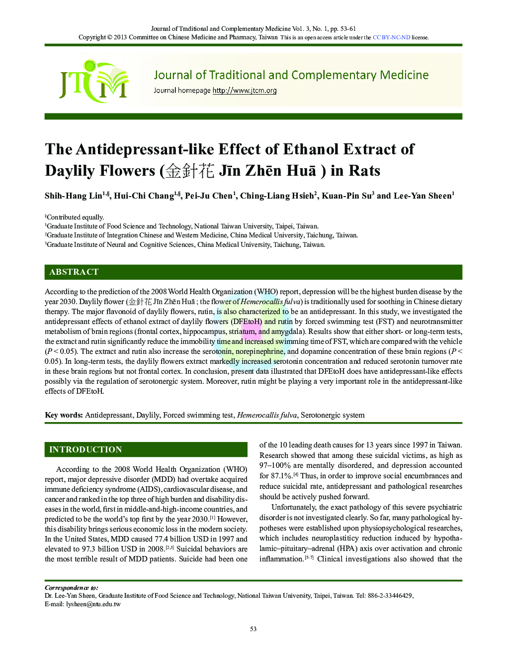 The Antidepressant-like Effect of Ethanol Extract of Daylily Flowers (金針花 Jīn Zhēn Huā) in Rats