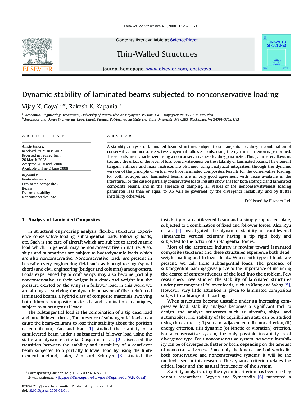 Dynamic stability of laminated beams subjected to nonconservative loading