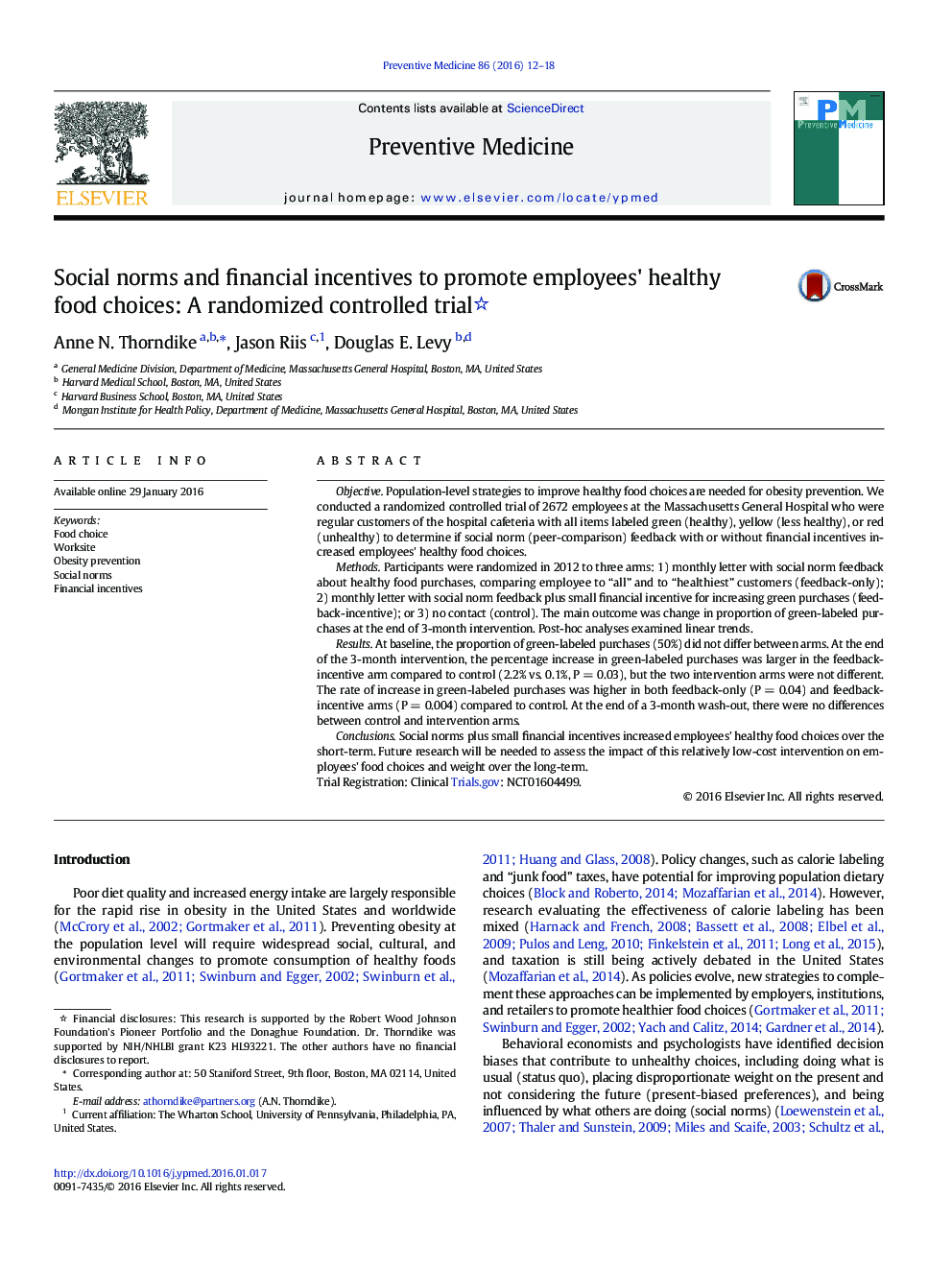 Social norms and financial incentives to promote employees' healthy food choices: A randomized controlled trial 