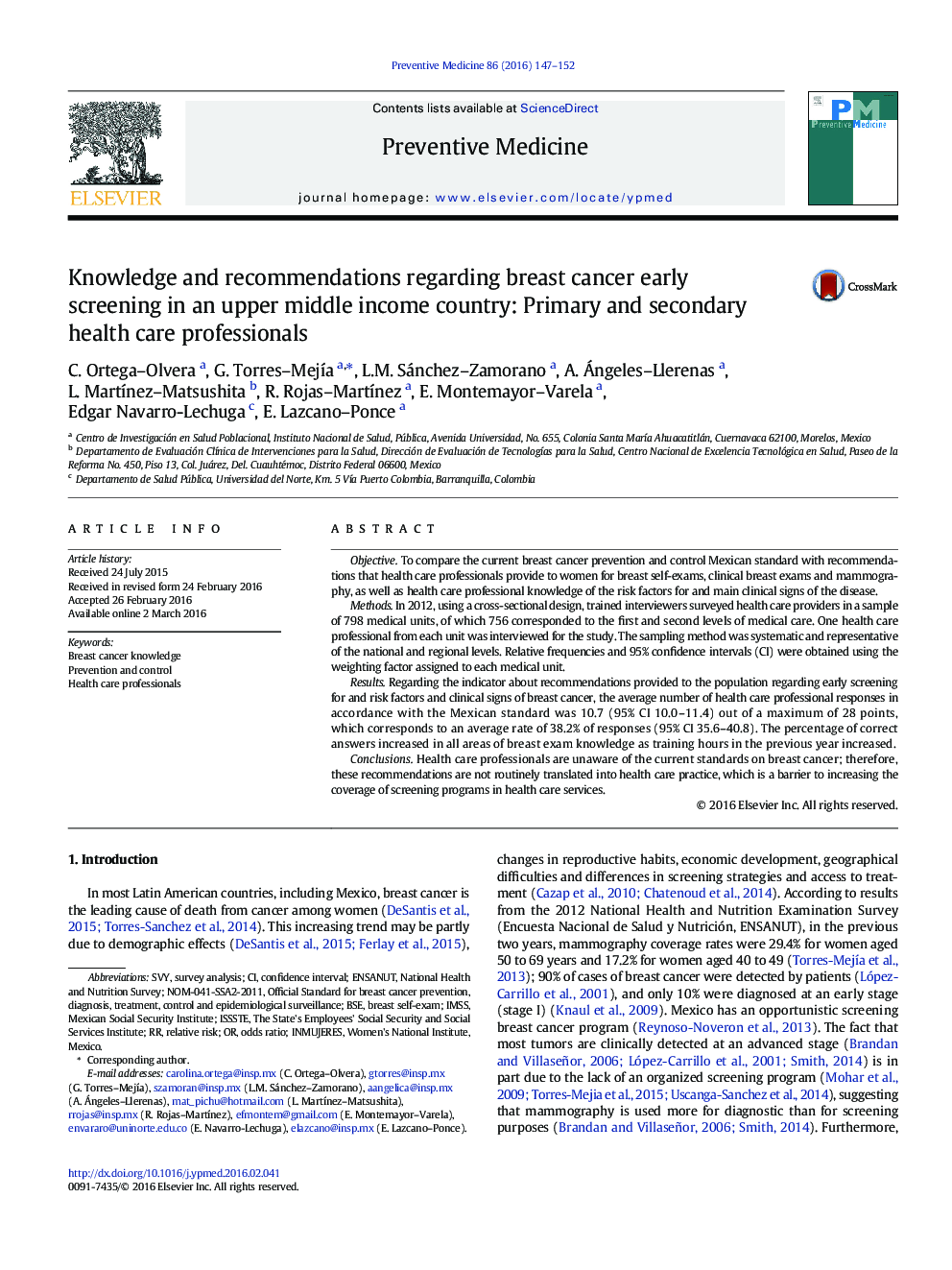 Knowledge and recommendations regarding breast cancer early screening in an upper middle income country: Primary and secondary health care professionals