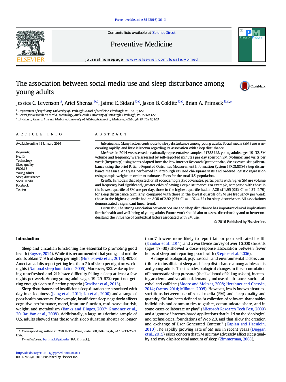 The association between social media use and sleep disturbance among young adults