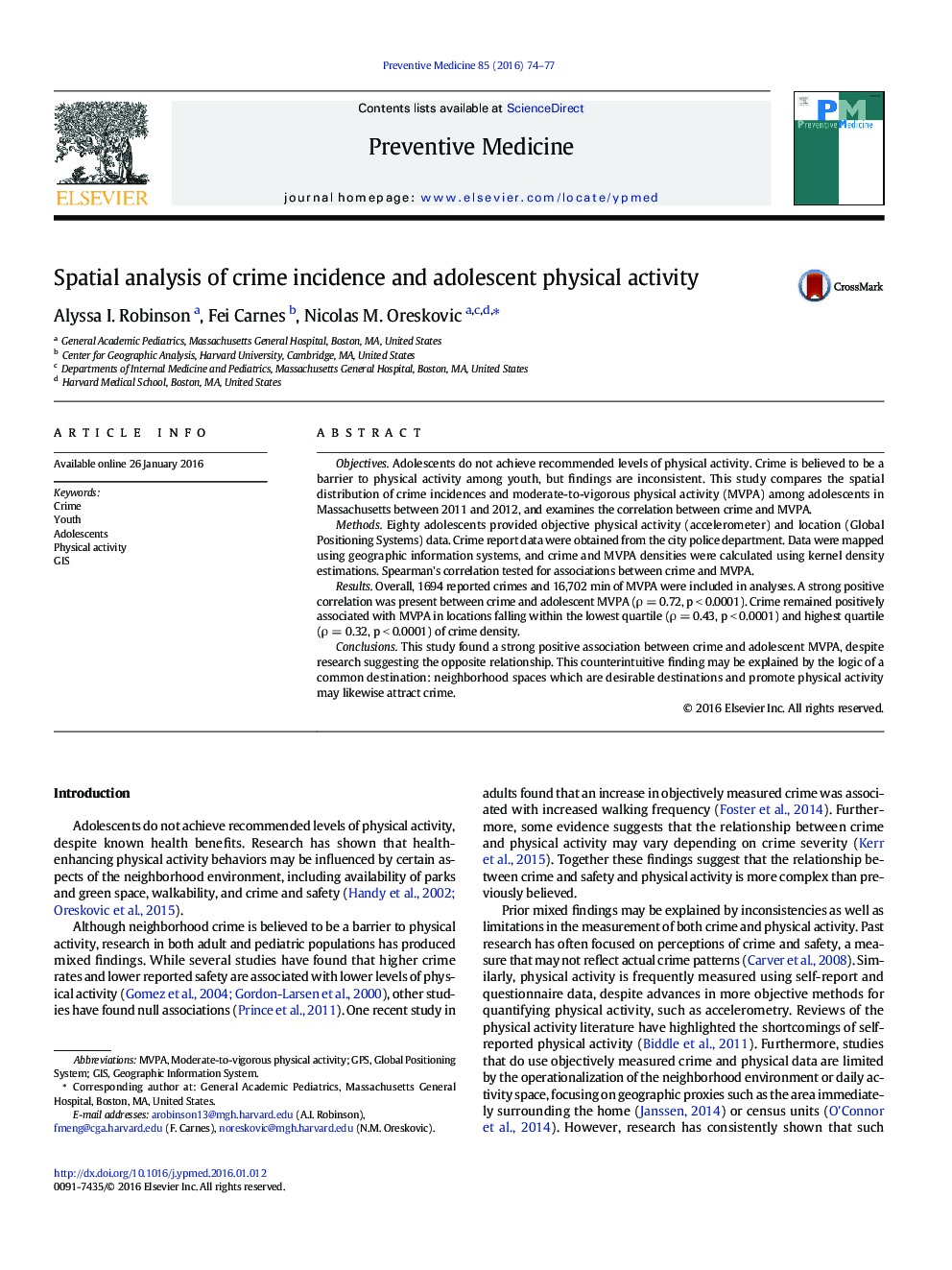 Spatial analysis of crime incidence and adolescent physical activity