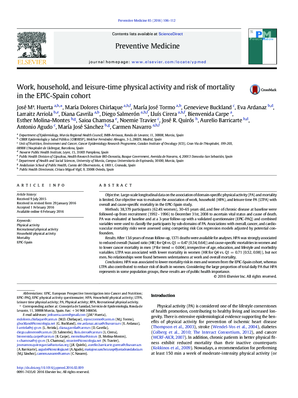 Work, household, and leisure-time physical activity and risk of mortality in the EPIC-Spain cohort