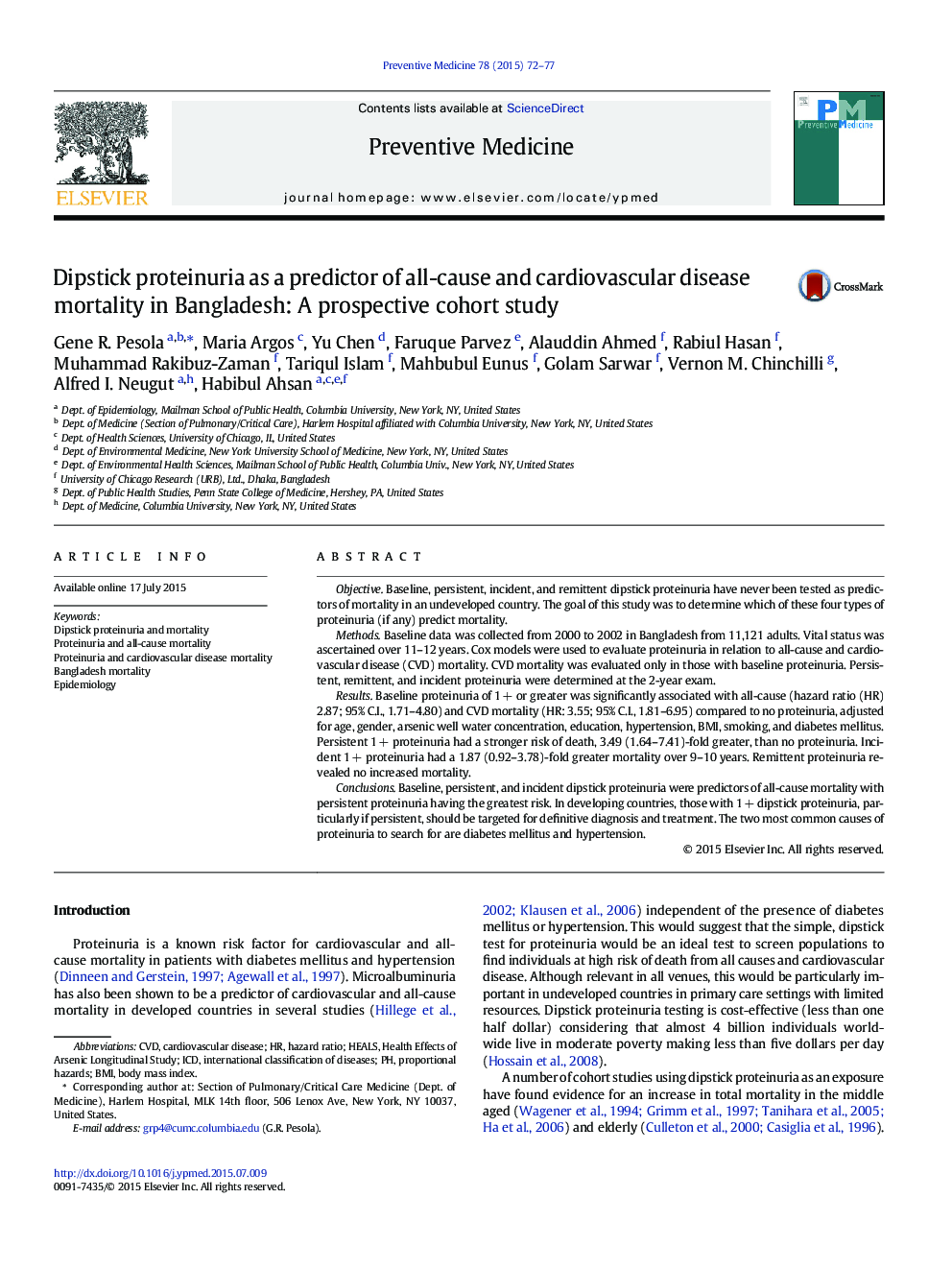 Dipstick proteinuria as a predictor of all-cause and cardiovascular disease mortality in Bangladesh: A prospective cohort study