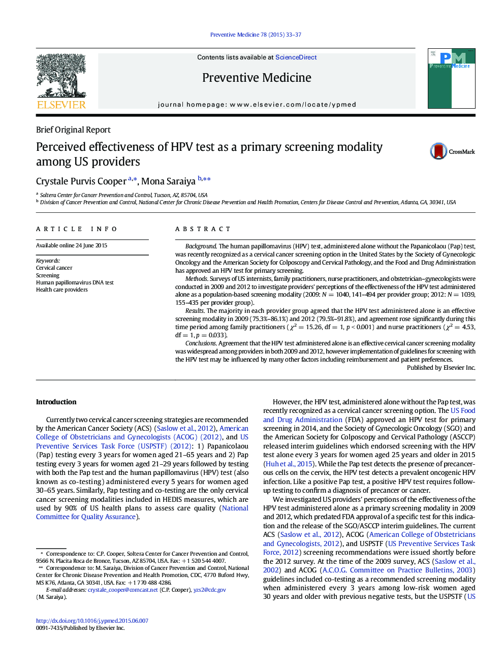 Perceived effectiveness of HPV test as a primary screening modality among US providers