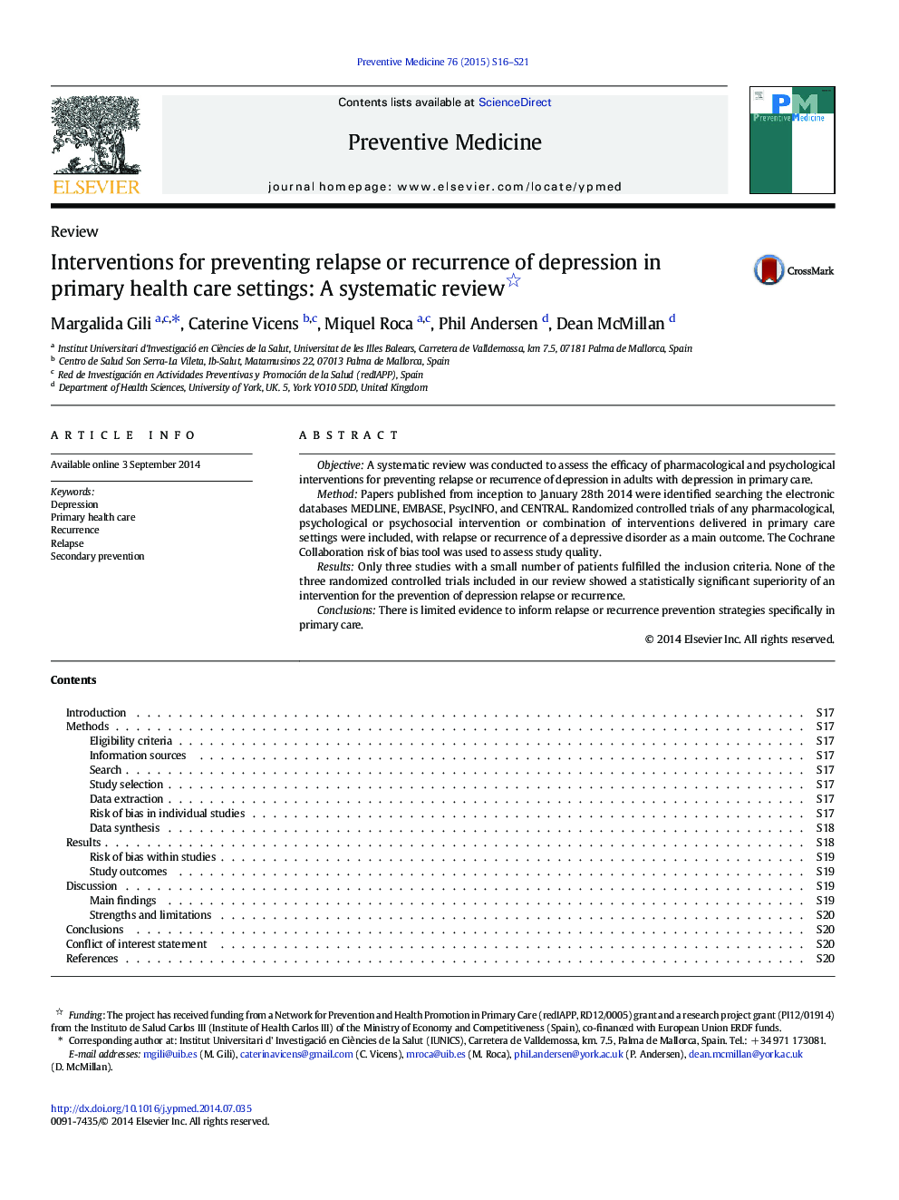 Interventions for preventing relapse or recurrence of depression in primary health care settings: A systematic review 